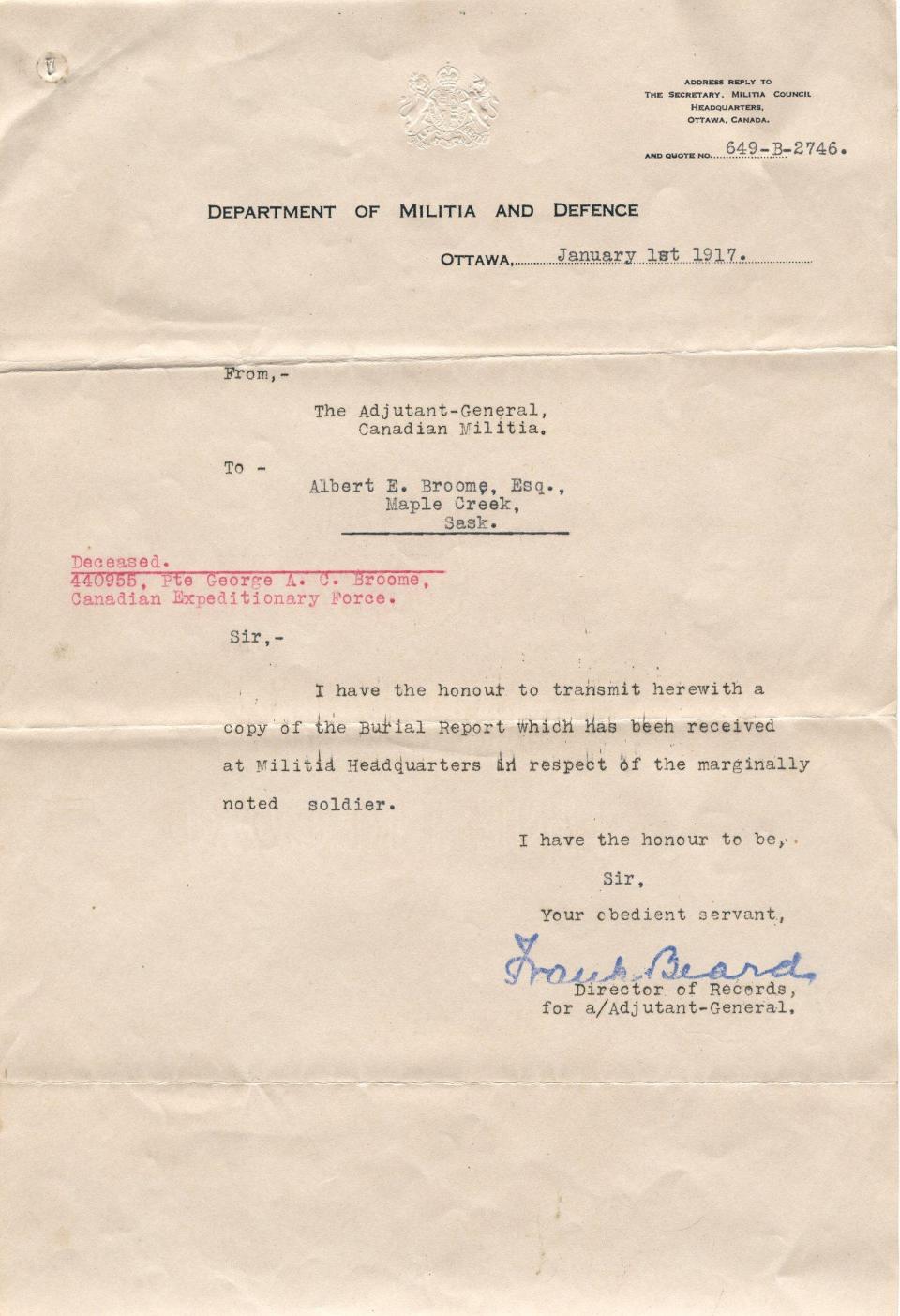 Letter from
Department of Militia and Defence
of Burial Report
Jan. 1, 1917