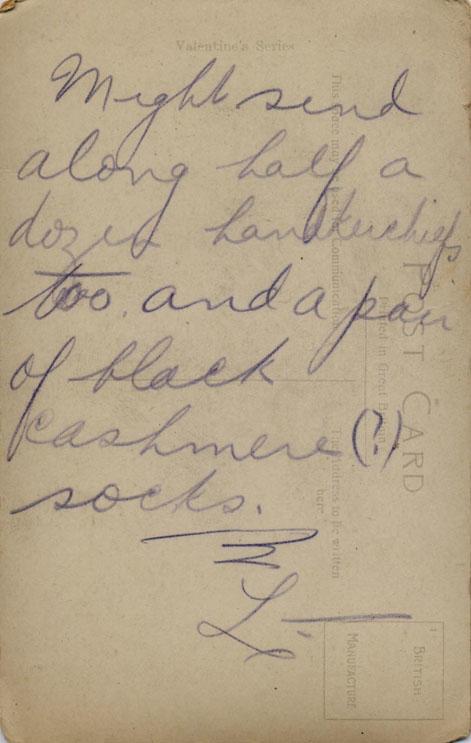 Might send along half a dozen handkerchiefs too, and a pair of black cashmere(?) socks.